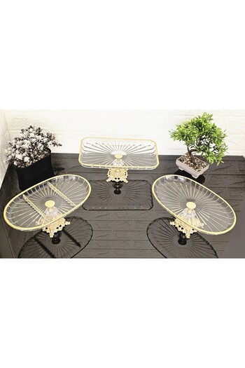 atabey home collection 3 Piece Striped Dowry Set - Presentation Gold Serving Plate & Standing Set