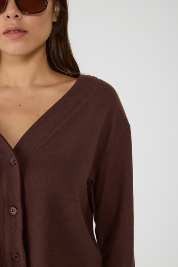 No Matter What Brown V-Neck Button Detailed Soft Texture Crop Cardigan