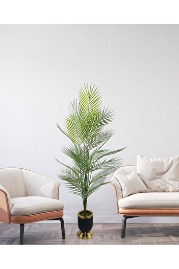 Nettenevime Yapay Ağaç Areka Ağacı Salon Bitkisi Siyah Gold Metal Vazoda 130 Cm 12 Yaprak