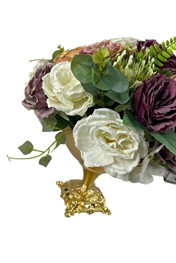 Nettenevime Yapay Çiçek Ve Latex Aranjmanı Döküm Ayaklı Yuvarlak Metal Gold Vazolu Masa Üstü Çiçeği Arajman 8349