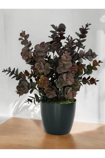 Nettenevime Artificial Flower Black Pot Eucalyptus Boxwood Bunch Powdered Pastel Brown Decorative Artificial Plant