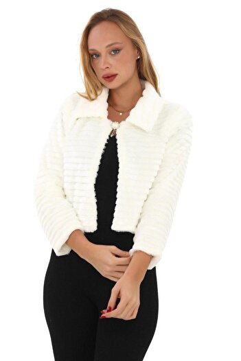 memetti m şekil Women's White Transverse Striped Fur Lined Inside Luxury Crop Jacket