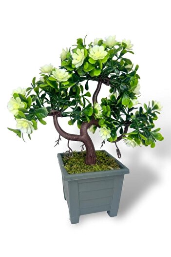 Nettenevime Artificial Flower White Flowering Bonsai Tree Decorative Artificial Tree Bonzai 29*24cm in Black Square Pot