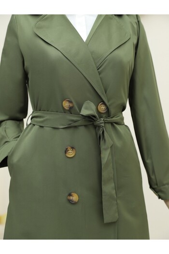 Modamorfo Front Buttoned Belted Trench Coat with Pockets - Khaki