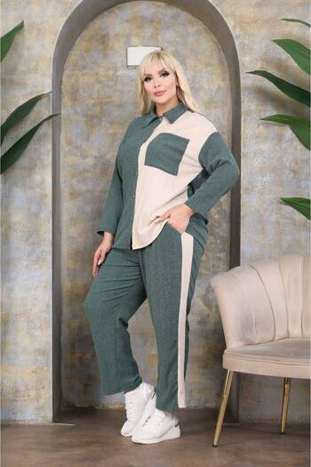 garajmood Khaki Shirt & Pants Women's Plus Size Double Color Pocket Bottom Top Set