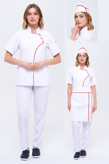 TIPTEKS Comfort Women's White Chef Jacket, Cap and Waist Apron - Red Piping / White Pants Set of Four