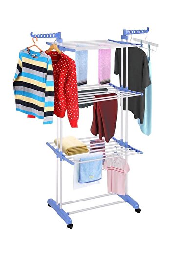 Taimi Foldable 3 Tier Clothes Drying Rack for Laundry Rolling white/blue
