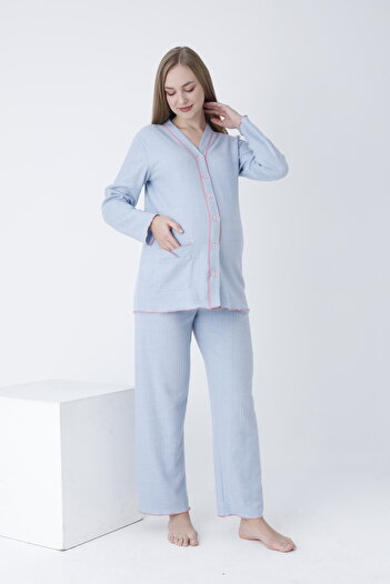 Miss Dünya Lissa Önden Düğmeli Ayarlanabilir Bel Kol ve Paça Fırfır Detaylı Hamile ve Lohusa Pijama Takımı