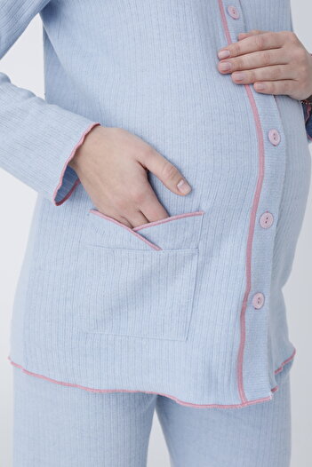Miss Dünya Lissa Önden Düğmeli Ayarlanabilir Bel Kol ve Paça Fırfır Detaylı Hamile ve Lohusa Pijama Takımı