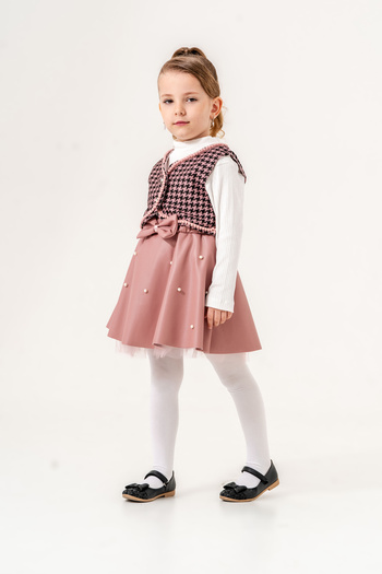 Eray Kids Houndstooth Patterned Bow Pearl Detailed 3-Piece Girl's Set with Vest and Leather Skirt