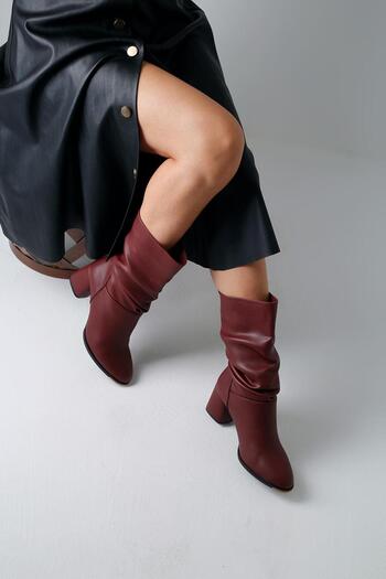Beyond Women's Claret Red Cristina Fold Detailed Leather Boots 6.5cm Byndrsl2430