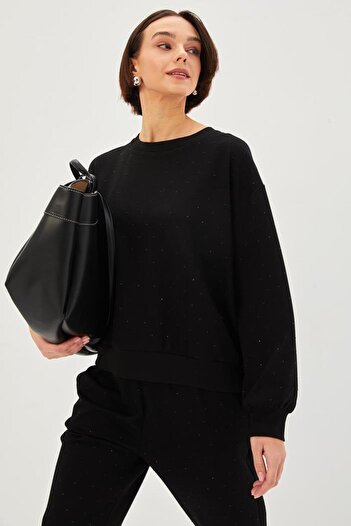 Allyco Stoned Crew Neck Black Knitted Comfortable Fit Sweatshirt
