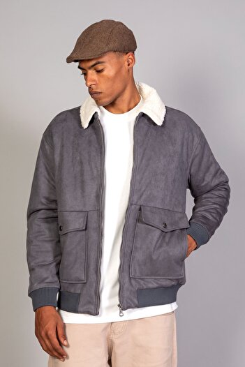 LTC Jeans Men's Gray Fur Collar Quilted Oversized Suede Jacket