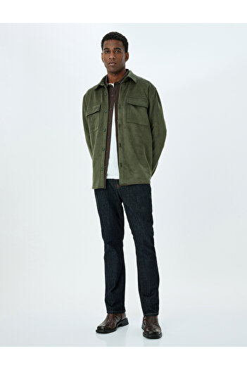Koton Long Sleeve Flap Pocket Detailed Regular Fit Buttoned Faux Suede Shirt Jacket