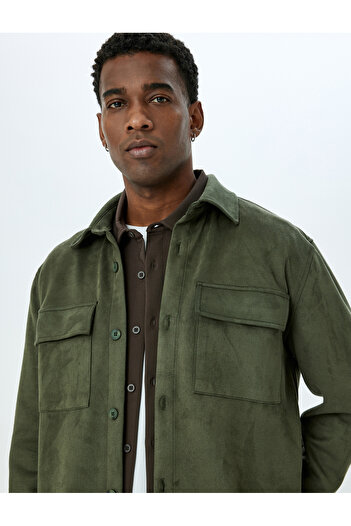 Koton Long Sleeve Flap Pocket Detailed Regular Fit Buttoned Faux Suede Shirt Jacket
