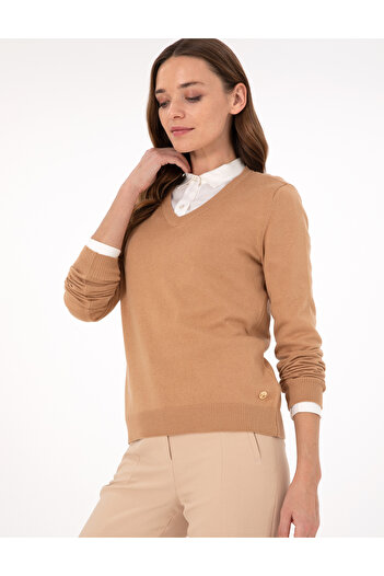 Pierre Cardin Camel Slim Fit V-Neck Basic Sweater 50300803-Vr015
