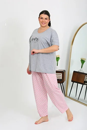 Akbeniz Gray Combed Cotton Pajamas Set - Women's Plus Size, Short Sleeve 202408