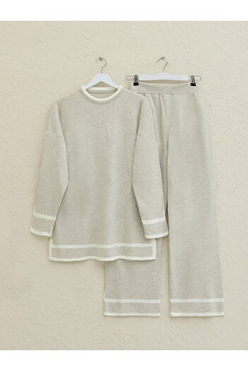 Modamorfo Stone Color Stripe Detailed Double Knitwear Set