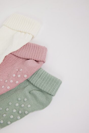 DeFacto Baby Girl Non-Slip Sole 3-Piece Cotton Long Socks D2503A5Ns