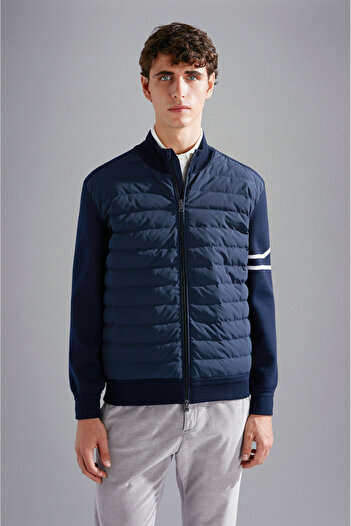PAUL&SHARK Men's Stand Collar Quilted Wool Full Zip Blue Sweater 14311231 -050
