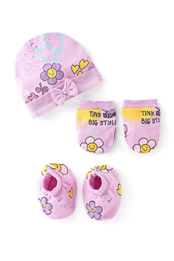 Bonfino 100% Cotton Cap Mittens & Booties Set Floral Print - Lavender