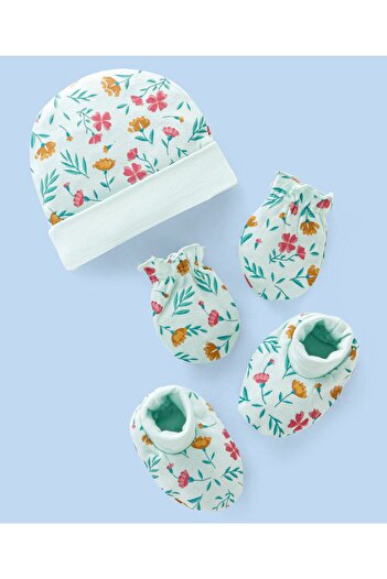 Babyhug 100% Cotton Cap Mittens And Booties Floral Print - Blue