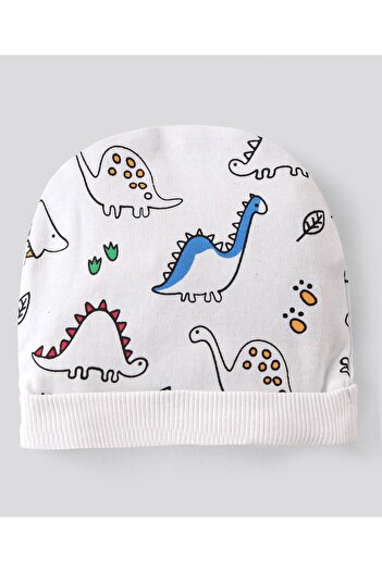 Bonfino Cotton Knit  Cap Mittens & Booties Set Dino Print White - Diameter 11.5 cm