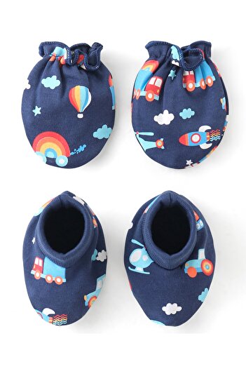 Babyhug 100% Cotton Knit Mittens & Booties Set Vehicles Print - Navy Blue
