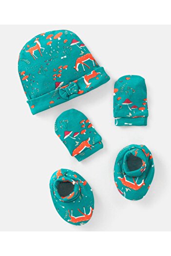 Bonfino 100% Cotton Deer Print With Bow Applique Cap Mittens & Booties Set Green- Diameter 14 cm