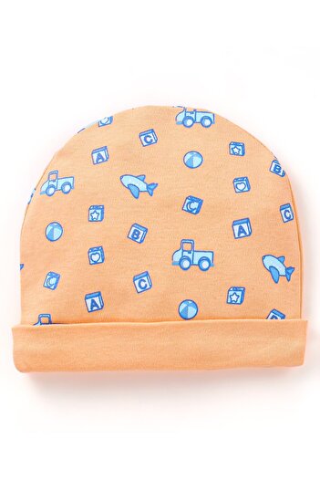 Babyhug 100% Cotton Cap Mittens And Booties Vehicle & Aircraft Print Peach - Diameter 9 cm