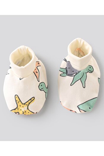 Bonfino Cotton Cap Mittens & Booties Sea Life Print - Off White
