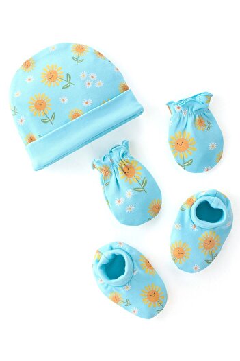 Babyhug 100% Cotton Cap Mittens & Booties Floral Print Blue- Diameter 9.5 cm