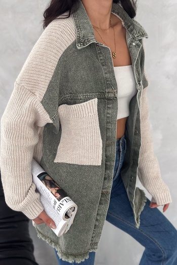 FEMELLE Women's Oversize Denim Jeans Garnished Cardigan with Khaki Sleeves and Pocket Knitwear