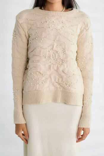 Robin Women's Stone Crew Neck Embossed Patterned Pearl Detail Sweater