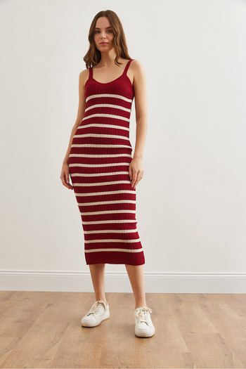 Olalook Burgundy Stripe Knitwear Set - Top and Lingerie Dress Tkm- 19000244