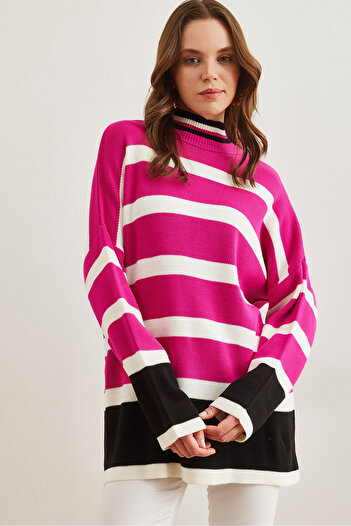 Olalook Fuchsia Striped Black Knitwear Tunic - Color Detailed Tnk- 19000101
