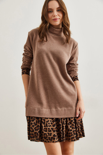 Olalook Γυναικείο φόρεμα με γαρνιτούρα Camel Leopard Θεσσαλονίκη ELB- 19000965