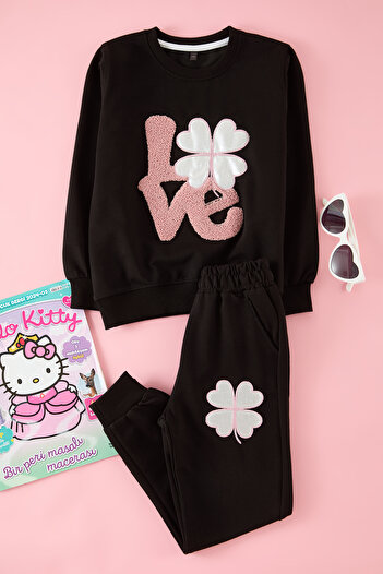 TRENDYOLKIDS Black Girls' Cotton Slogan Printed Knitted Sweatshirt Tracksuit Bottom-Top Suit Tkdaw25Au00027