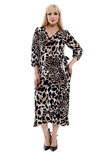 MELSAY Plus Size Double Breasted Collar Tiger Pattern Wrap Midi Dress - Long Sleeve
