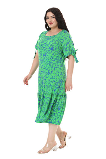 MELSAY Green Floral Pattern - Women's Plus Size Dress with Rope Tied Sleeves