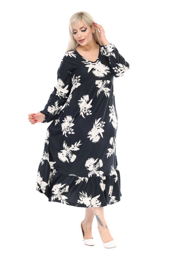 MELSAY Women's Black Winter V Neck White Leaf Pattern Long Sleeve Robe Dress