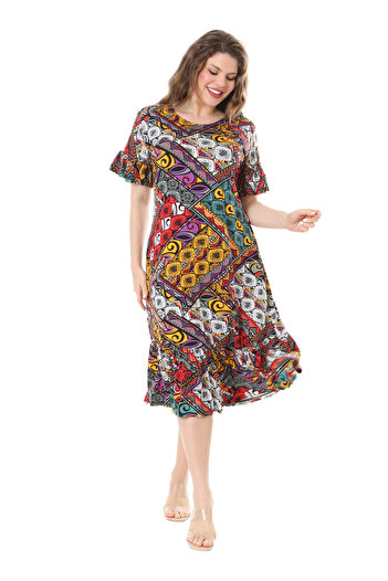 MELSAY Women's Plus Size Dress with Yellow Patchwork Pattern - Ruffle Pockets