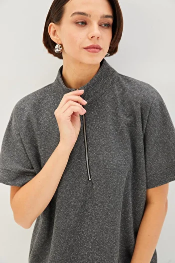 Allyco Short Sleeve Zippered Knitted Comfortable Fit Glitter Sweatshirt