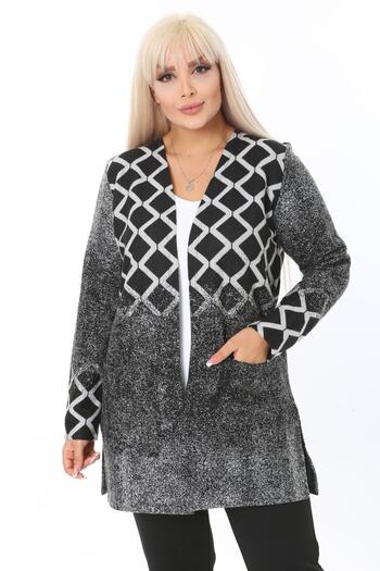 MELSAY Women's Jacquard Gray Diamond Pattern Short Plus Size Cardigan