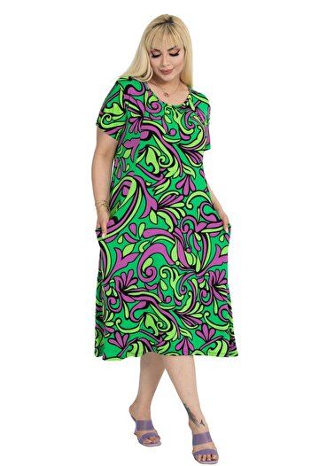 MELSAY Women's Short Sleeve Chest Cup Pocket Grass Green Tropical Pattern Dress
