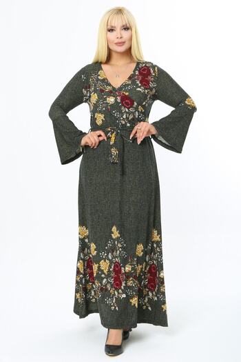 MELSAY Women's Plus Size Crepe Double Breasted Collar Green Flower Pattern Flywheel Sleeve Long Dress