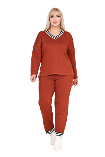 MELSAY Дамски спортен костюм Cinnamon Plus Size с дълъг ръкав, яка с кант и еластична талия