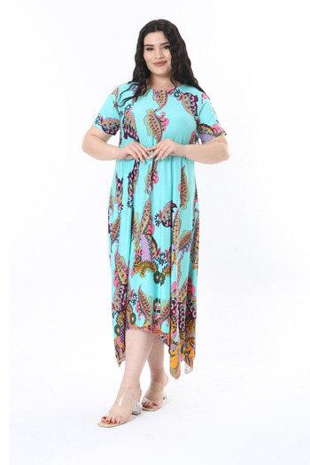 MELSAY Turquoise Shawl Pattern - Short Sleeve Asymmetrical Women's Dress