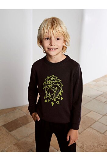 LC Waikiki Lcw Kids Anthracite Crew Neck Printed Long Sleeve Boy Knitwear Sweater