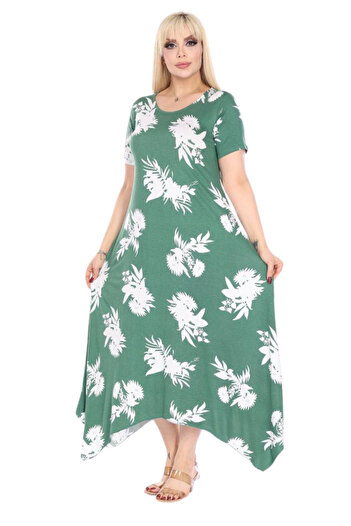 MELSAY Women's Asymmetrical Cut Short Sleeve Green Leaf Pattern Large Size Dress